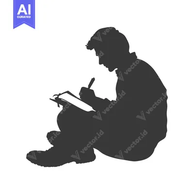 Aset desain premium: Silhouette of a Man Sitting and Writing in a Notebook