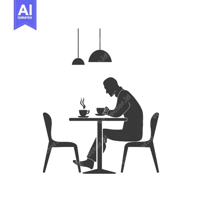 Aset desain premium: Silhouette of a man sitting at a table with a cup of coffee