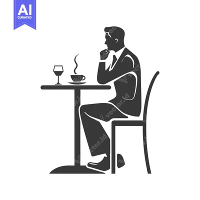 Aset desain premium: Silhouette of a Man Sitting at a Table with a Drink and a Cup of Coffe