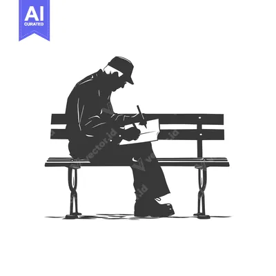 Aset desain premium: Silhouette of a Man Sitting on a Bench and Writing in a Notebook