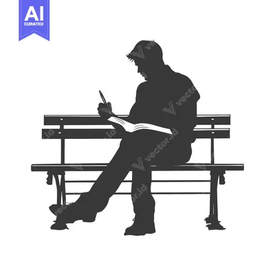 Silhouette of a Man Sitting on a Bench, Writing in a Notebook