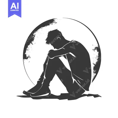 Aset desain premium: Silhouette of a Man Sitting with his Head Down in Front of a Grunge Ci
