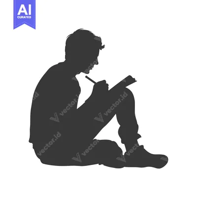 Aset desain premium: Silhouette of a man sitting, writing in a notebook