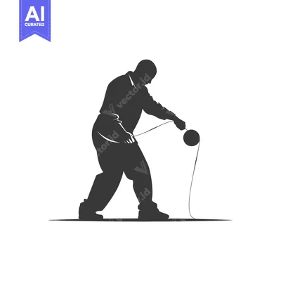 Aset desain premium: Silhouette of a Man Swinging a Weighted Ball on a Rope