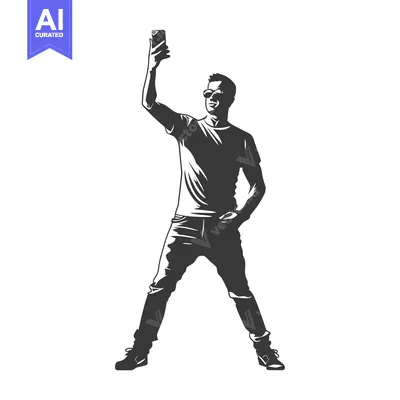 Aset desain premium: Silhouette of a Man Taking a Selfie with a Smartphone