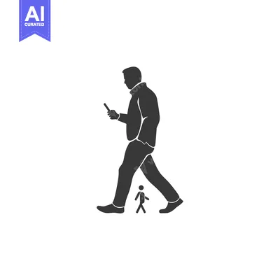 Premium design asset: Silhouette of a man walking while looking at a phone, with a smaller s