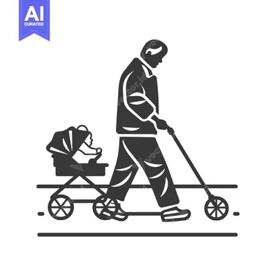 Aset desain premium: Silhouette of a Man Walking with a Baby Stroller