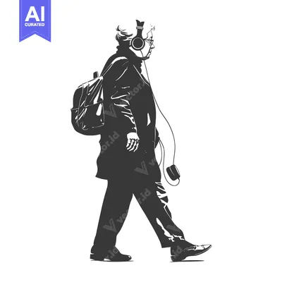 Aset desain premium: Silhouette of a Man Walking with Headphones and a Backpack