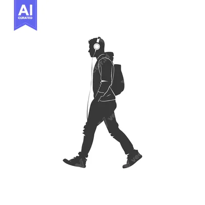 Aset desain premium: Silhouette of a Man Walking with Headphones and Backpack