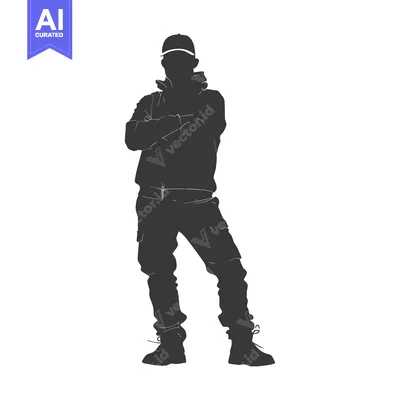 Aset premium populer: Silhouette of a man wearing a cap, hoodie, and pants, standing with hi