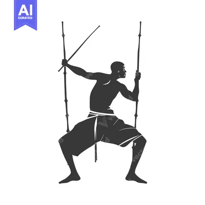 Aset desain premium: Silhouette of a man wielding two staffs in a fighting stance
