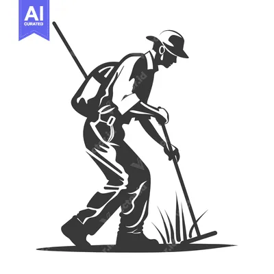 Aset premium populer: Silhouette of a Man with a Backpack Weeding with a Hoe