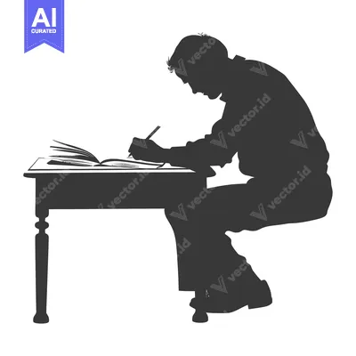 Aset desain premium: Silhouette of a Man Writing at a Desk with an Open Book