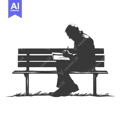 Silhouette of a Man Writing on a Bench