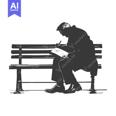 Silhouette of a man writing on a bench