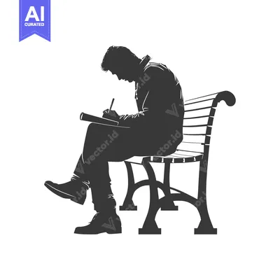 Silhouette of a man writing on a bench