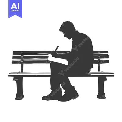 Silhouette of a man writing on a bench