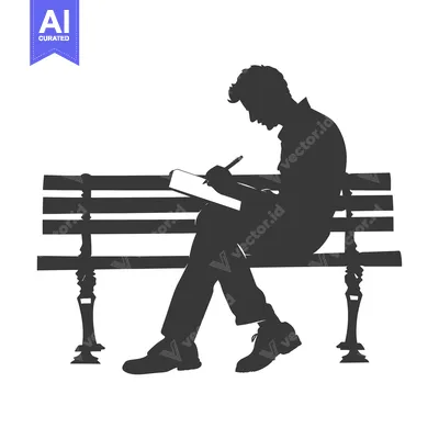 Silhouette of a Man Writing on a Bench