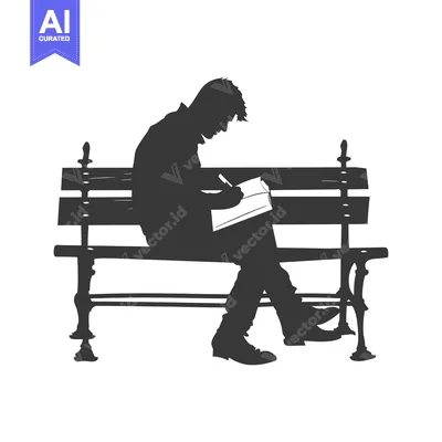 Silhouette of a Man Writing on a Bench