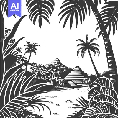 Aset desain premium: Silhouette of a Mayan Pyramid with Palm Trees and Lush Foliage