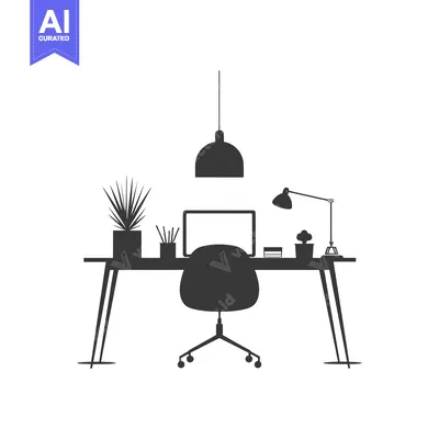 Silhouette of a Modern Office Desk with a Chair and Plants