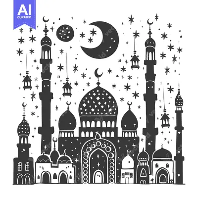 Silhouette of a mosque with a crescent moon and stars in the night sky