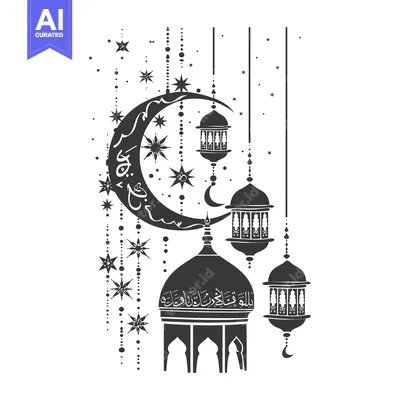 Silhouette of a Mosque with Crescent Moon, Stars, and Lanterns
