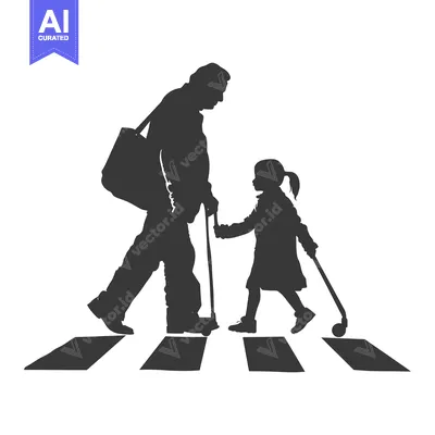 Silhouette of an Adult and Child Crossing a Crosswalk with Canes