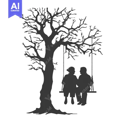 Aset desain premium: Silhouette of an elderly couple on a swing hanging from a bare tree
