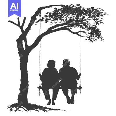 Silhouette of an elderly couple on a swing under a tree
