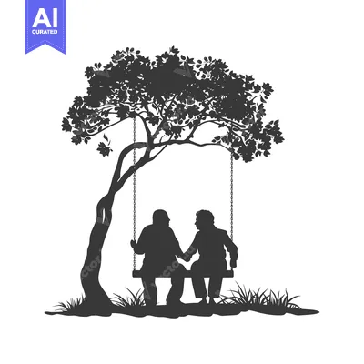 Aset desain premium: Silhouette of an Elderly Couple on a Swing Under a Tree