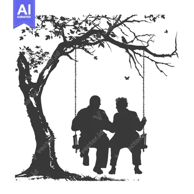 Aset premium populer: Silhouette of an Elderly Couple on a Swing Underneath a Tree