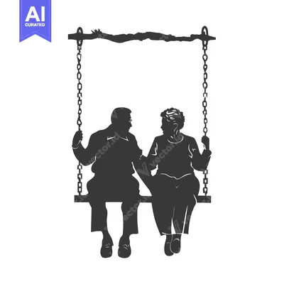 Aset desain premium: Silhouette of an elderly couple sitting on a swing