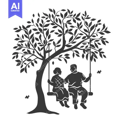 Silhouette of an Elderly Couple Sitting on a Swing Under a Tree