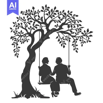 Silhouette of an Elderly Couple Sitting on a Swing Under a Tree