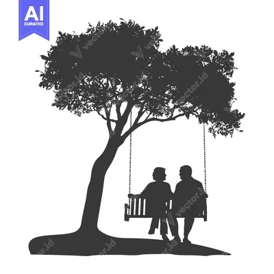 Popular premium asset: Silhouette of an elderly couple sitting on a swing under a tree