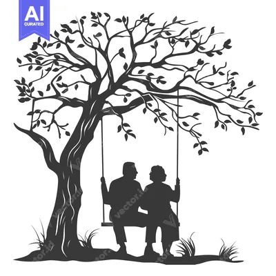 Aset premium populer: Silhouette of an Elderly Couple Sitting on a Swing Under a Tree