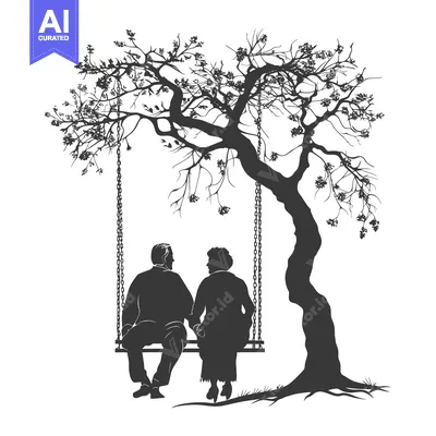 Aset premium populer: Silhouette of an Elderly Couple Sitting on a Swing Under a Tree