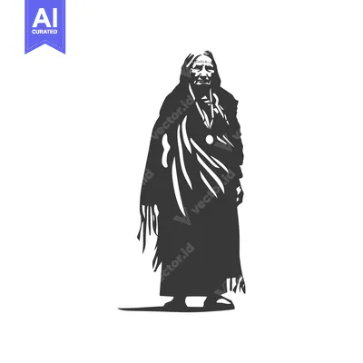 Aset premium populer: Silhouette of an Elderly Indigenous Person Wearing Traditional Clothin