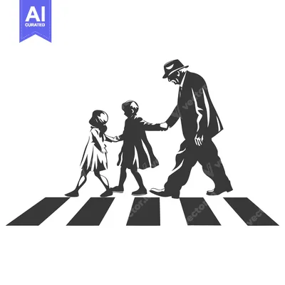 Aset premium populer: Silhouette of an elderly man walking with two children across a crossw