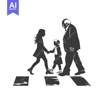 Silhouette of an elderly man walking with two young girls on a crosswa