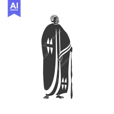 Aset desain premium: Silhouette of an Elderly Man with a Cane, Wearing a Long Robe with Geo