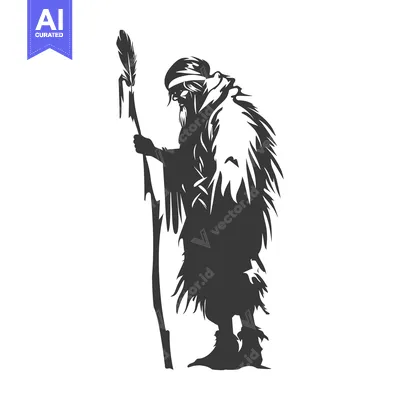 Premium design asset: Silhouette of an Elderly Person with a Staff and Feather