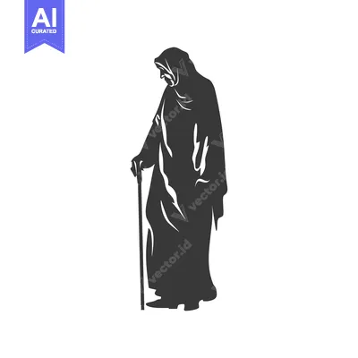 Aset desain premium: Silhouette of an Elderly Woman in a Headscarf Holding a Cane