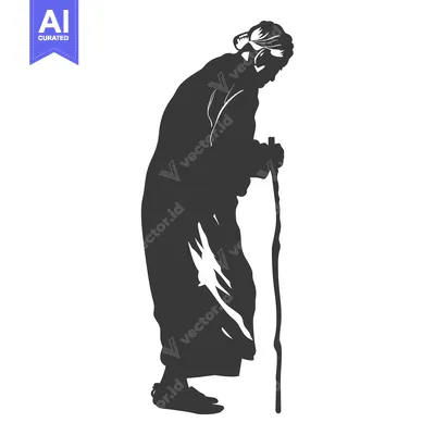 Aset premium populer: Silhouette of an Elderly Woman Leaning on a Walking Stick