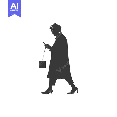 Silhouette of an Elderly Woman Walking and Using a Smartphone