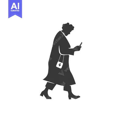Aset desain premium: Silhouette of an elderly woman walking while looking at her phone