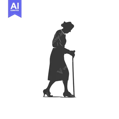 Silhouette of an Elderly Woman Walking with a Cane