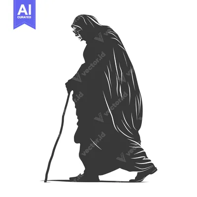 Silhouette of an elderly woman walking with a cane