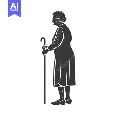 Silhouette of an Elderly Woman Walking with a Cane